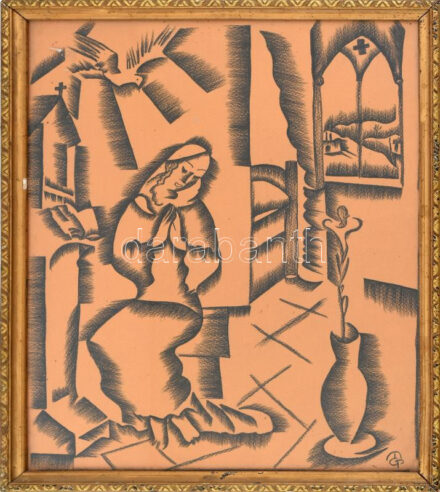 MCP jelzéssel: Mária. Szén, papír. Dekoratív, üvegezett fakeretben. 40x30 cm