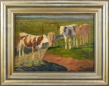 Demeter Róbert (1876-1930), erdélyi festő: Bocik, 1923. Olaj, vászon, jelzett, 32×44 cm, dekoratív fakeretben.