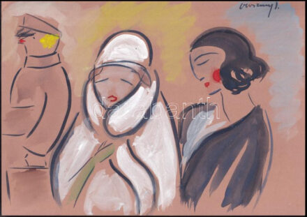 Vaszary J jelzéssel: Dámák. Akvarell, papír. 21x30 cm