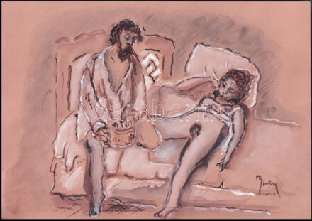Olvashatatlan jelzéssel: Erotikus jelenet. Vegyes technika, papír. 21x30 cm