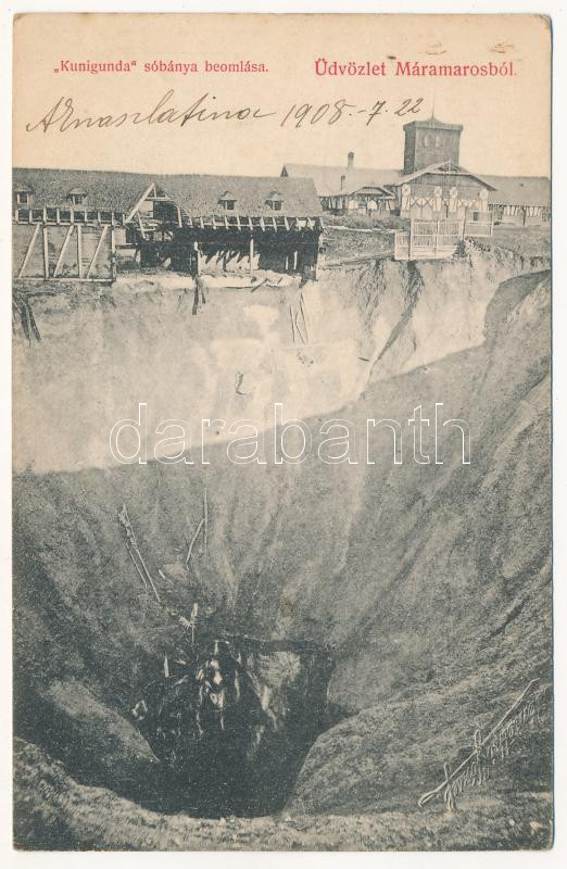 1908 Aknaszlatina, Akna Slatina, Slatinské Doly, Szolotvino, Solotvyno (Máramaros); Kunigunda sóbánya beomlása. Berger Miksa kiadása / mine collapse (EK)