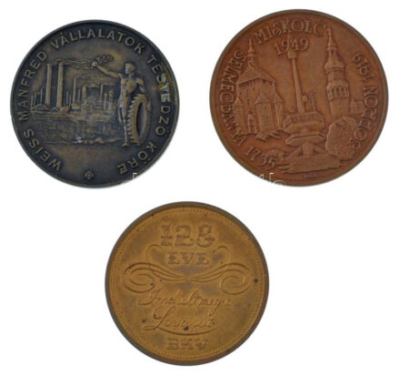 Bognár György (1944-) 1985. 'A Magyar Műszaki Felsőoktatás 250 éves - Mikoviny Sámuel' bronz emlékérem (42,5mm) + 1991. '125 éve indult meg a lóvasút - BKV' bronz emlékérem (38mm) + ~1930-1940. 'Weiss Manfred Vállalatok Testedző