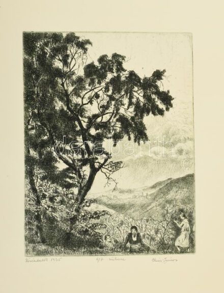 Kiss János jelzéssel: Kirándulók. Rézkarc, papír. Számozott (4/7). Feltekerve. 27x20,5 cm