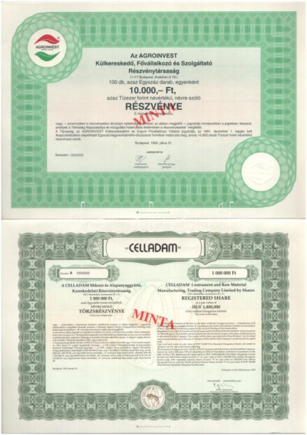 1991-1994. 5 darabos magyar részvény tétel: 'Agroinvest', 'Celladam', 'Műszaki Üvegipari Szövetkezeti Részvénytársaság', 'Ipari Fejlesztési Bank' 'Kvantum Bank', közte vízjeles papír, szárazpecsét, 'MINTA' pecsét, szelvények