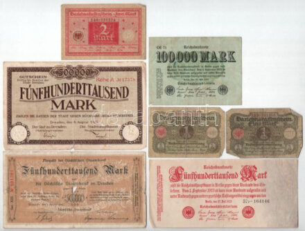 Német Birodalom ~1920. 7db-os bankjegytétel, közte Drezda 1923. 500.000M + Drezda 1923. 500.000M 'Sächsischen Staatsbank' T:III,III- German Empire ~1920. 7pcs banknote lot, within Dresden 1923. 500.000 Mark + Dresden 1923. 500.000 Mark
