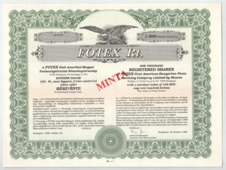 1990-1994. 5 darabos magyar részvény tétel: 'Fotex', 'Első Pesti Hengermalom', 'Elmka', 'Globex', 'Biorex', közte vízjeles papír, szárazpecsét, 'MINTA' pecsét és perforáció, szelvények T:I-,II