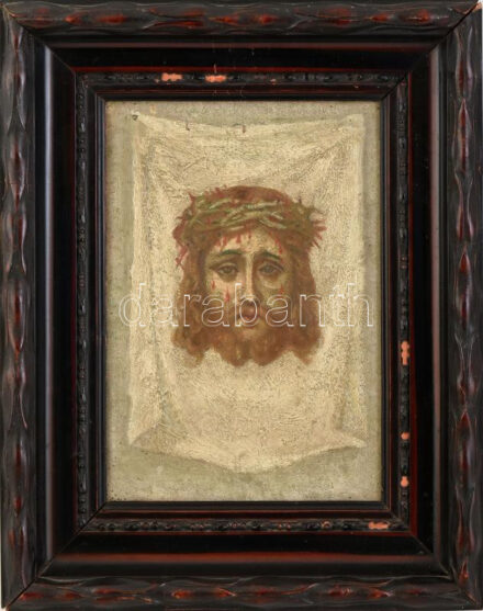 Jelzés nélkül: Jézus töviskoszorúval. Olaj, vászon. Dekoratív, sérült fakeretben. 27x20 cm.