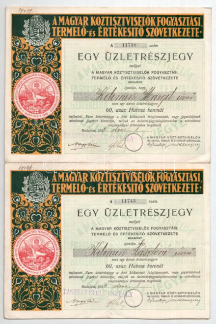 Budapest 1922. 'A Magyar Köztisztviselők Fogyasztási, Termelő- és Értékesítő Szövetkezete' üzletrészjegye 60K-ról, szárazpecséttel, szelvényekkel (2x) T:III