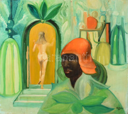 Nádasdi jelzéssel: Akt ajtóban. Olaj, farost. Kissé sérült. 60x67 cm.