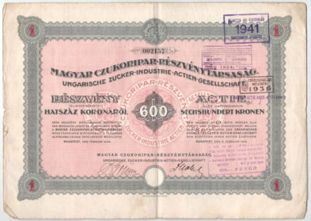 Budapest 1923. 'Magyar Czukoripar-Részvénytársaság' részvénye 600K-ról szelvényekkel, szárazpecséttel, felülbélyegzéssel (2x) T:III szakadás, folt
