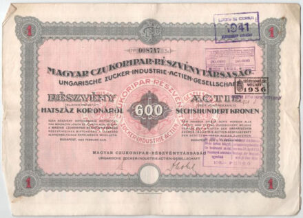 Budapest 1923-1941. 'Magyar Czukoripar-Részvénytársaság' részvénye 100K-ról + 600K-ról + 20.000K-ról (3xklf) szelvényekkel, szárazpecséttel, felülbélyegzéssel (2x) T:III szakadás, folt