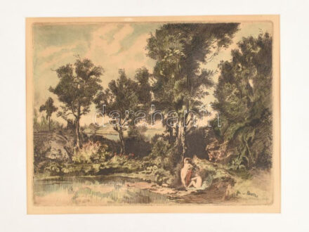Hermann Lipót (1884-1972): Fürdőzők. Színezett rézkarc, papír, jelzett. Paszpartuban, 28x37 cm.