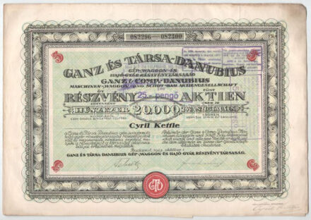 Budapest 1923. 'Ganz és Társa-Danubius Gép-, Waggon- és Hajó-Gyár Részvénytársaság' részvénye 20.000K (25P) értékben, magyar és német nyelven, szárazpecséttel, bélyegzésekkel és szelvényekkel (3x) T:III beszakadás, folt