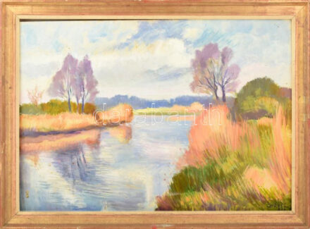 Farkas Lajos (1919-1998): Fények a vízen. Olaj, farost. Jelzett. Fakeretben. 50x70 cm