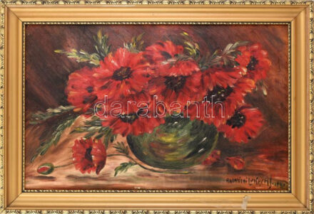 Radnóti Lukách J jelzéssel: Csendélet, 1940. Olaj, vászon. Sérült. Dekoratív, sérült fakeretben. 45x70 cm.