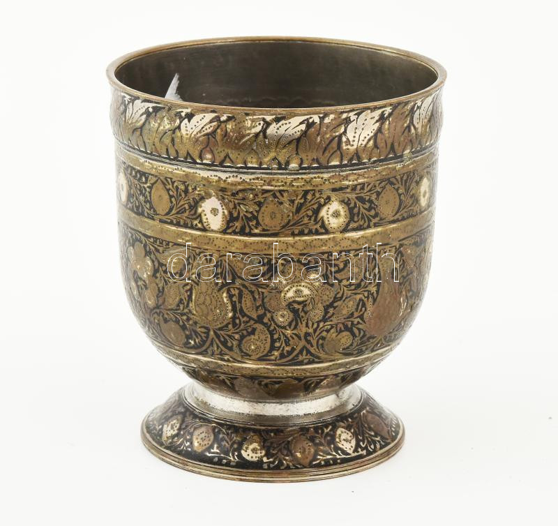 Régi bronz szertartási edény, nikkelezett, kis kopásokkal, m: 12 cm