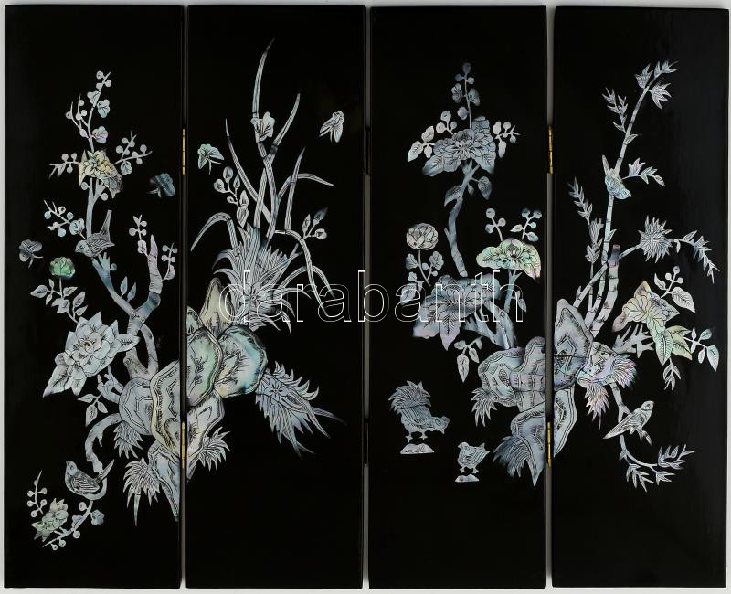 Japán lakk paraván, gyöngyházberakásokkal, 30x41 cm