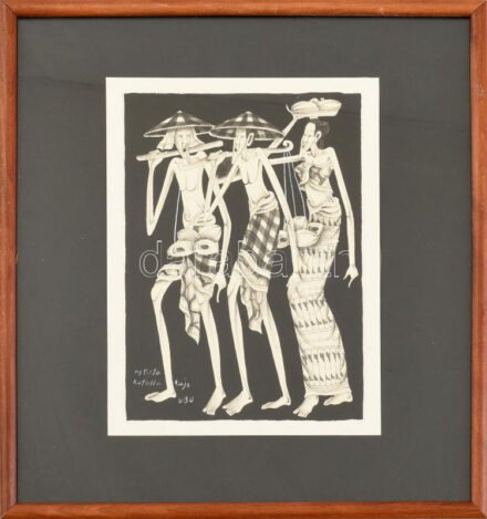 Olvashatatlan jelzéssel: Ázsiai alakok. Tus, papír. 18x13 cm. Üvegezett fakeretben.