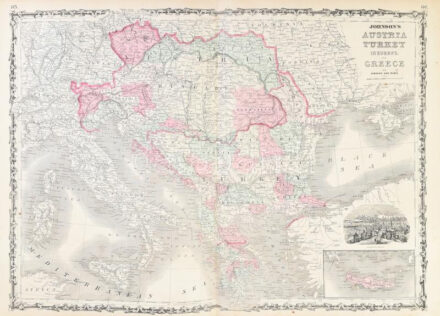1863 Johnson Map of Austria, Turkey, and Greece. Ausztria, Magyarország, a Balkán és Törökország térképe. Színezett acélmetszet Constantinápoly látképével. / Colored map of Austria-Hungary with the image of Constantinople 67x47 cm