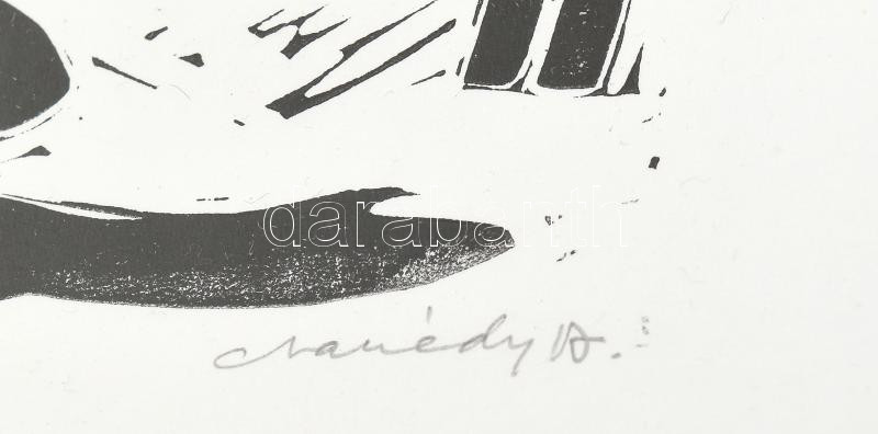 Csanády András (1929-): Lóitatás, 1971. Linómetszet, papír, jelzett, számozott (16/30), hátoldalán Vizualart Képzőművészeti Alkotóközösség címkéjével, plexiüvegezett keretben, 34×17,5 cm - Image 2