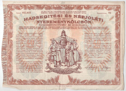 Budapest 1917. 'Hadsegítési és Népjóléti nyereménykölcsön' nyereménykötvény 40K-ról, szárazpecséttel (6x) T:II- közte szakadások, pecsét, firka