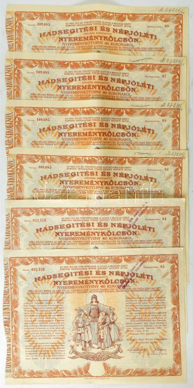 Budapest 1917. 'Hadsegítési és Népjóléti nyereménykölcsön' nyereménykötvény 40K-ról, szárazpecséttel (6x) T:II- közte szakadások, pecsét, firka