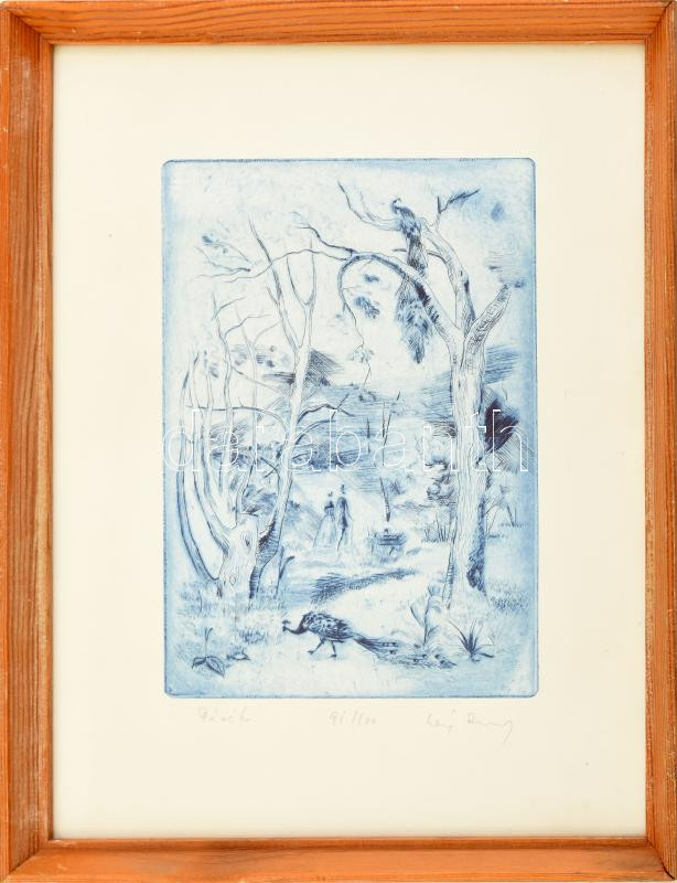 Láng Rudolf (1904-1991): Pávák. Színes rézkarc, papír. Jelzett, számozott (91/100). Üvegezett, kissé sérült fa keretben. 23,5×17 cm