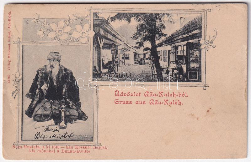 1902 Ada Kaleh, Bégo Mustafa a ki 1848-ban Kossuth Lajost kis csónakkal a Dunán átvitte, Török bazár. Mehemet Fehmi kiadása / Turkish man who helped Lajos Kossuth in 1848, Turkish bazaar, shop. Art Nouveau, floral (EB)