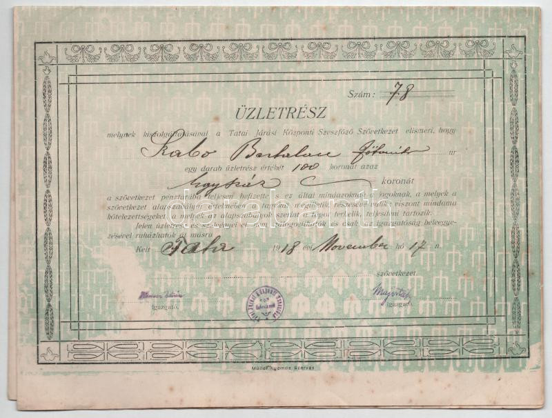 Tata 1918. Tatai Járási Központi Szeszfőző Szövetkezet üzletrésze 100K-ról, szelvényekkel (3x) T:II- folt, kis szakadás - Image 3