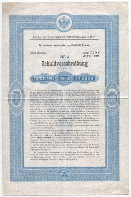 Ausztria / Bécs 1897. 'Bécsi Közlekedési Bizottság' jelzálogkötvény 2000K-ról, szelvényekkel T:III szép papír Austria / Vienna 1897. 'Anlehen der Commission für Verkehrsanlagen in Wien' debenture bond about 2000 Kronen with coupons