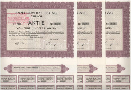 Svájc / Zürich 1930. 'Guyerzeller Bank' 500Fr-ról szóló részvénye szelvényekkel, pecsételéssel, sorszámkövetők (3x) T:I-,II kis sarokhajlás Switzerland / Zurich 1930. 'Guyerzeller Bank' stock for 500 Frank, with coupons, stamp,