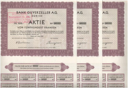 Svájc / Zürich 1930. 'Guyerzeller Bank' 500Fr-ról szóló részvénye szelvényekkel, pecsételéssel, sorszámkövetők (3x) T:I-,II kis sarokhajlás Switzerland / Zurich 1930. 'Guyerzeller Bank' stock for 500 Frank, with coupons, stamp,