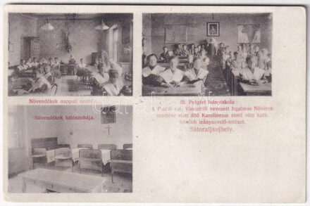1909 Sátoraljaújhely, III. Polgári leány iskola a Paulai szt. Vincéről nevezett Irgalmas Nővérek vezetése alatt álló Karolineum című római katolikus felsőbb leánynevelő intézet, növendékek nappali és hálószobája, belső (EK)