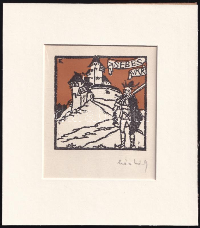 Kós Károly (1883-1977): Sebes vár. Linómetszet, papír, paszpartuban, utólagos jelzéssel, 10×10 cm