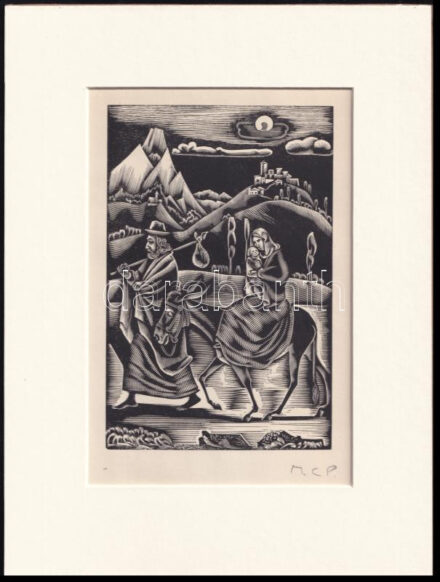 Molnár C. Pál (1894-1981): Vándorúton, fametszet, papír, paszpartuban, utólagos jelzéssel, 17×11 cm
