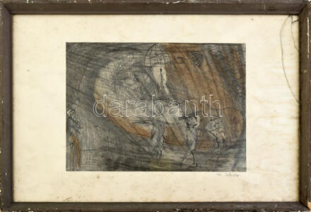 Kis Sándor jelzéssel: Szürrealista cirkusz artistákkal. Tus, ceruza, kréta, papír, üvegezett fakeretben, sérült üveggel, 20x28 cm