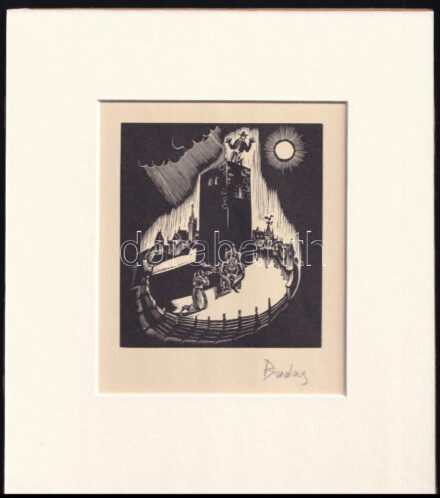 Buday György (1907-1990): Torony, fametszet, utólagos jelzéssel, paszpartuban 11,5×10,5 cm