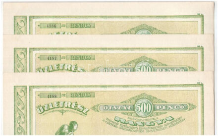 Budapest 1943. 'Hangya Termelő-Értékesítő és Fogyasztási Szövetkezet' üzletrésze 500P-ről, vízjeles papíron, szelvényekkel, szárazpecséttel (3x, sorszámkövetők) T:I-,II tűlyukak