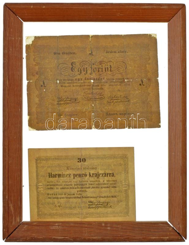1848. 1Ft 'Kossuth bankó' 'h. lh.' restaurált + 1849. 30kr 'Kossuth bankó' 'r. ql.' fa képkeretben, üveglap mögött T:IV,III Adamo G104, G103