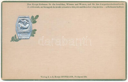 A rokkantak, az özvegyek és árvák, valamint a kárpáti emlékszobor alap javára a Hofmann hadtest - Dombornyomott sapkajelvény képe, Feldpost 880. / Karpathen Korps Hofmann 1914-1915. Verlag k.u.k. Korps Hofmann, Feldpost 17. / WWI