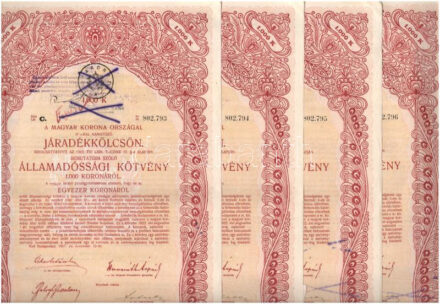 Budapest 1917. 'A magyar korona országai 6%-kal kamatozó Járadékkölcsön' államadóssági kötvénye 1000K-ról (4x) sorszámkövetők szárazpecséttel, szelvényekkel, áthúzással érvénytelenítve T:III beszakadás, sarokhajlás