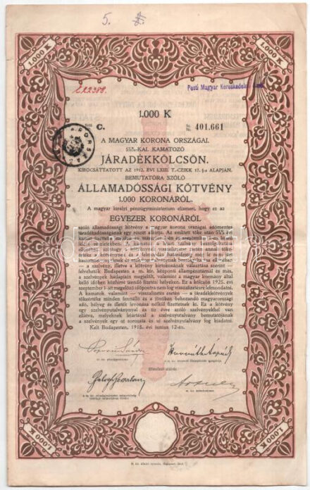 Budapest 1918. 'A Magyar Korona Országai 5 1/2%-kal kamatozó Járadékkölcsön' államadóssági kötvénye 1000K-ról szelvényekkel, bélyegzéssel, szárazpecséttel T:III beszakadás
