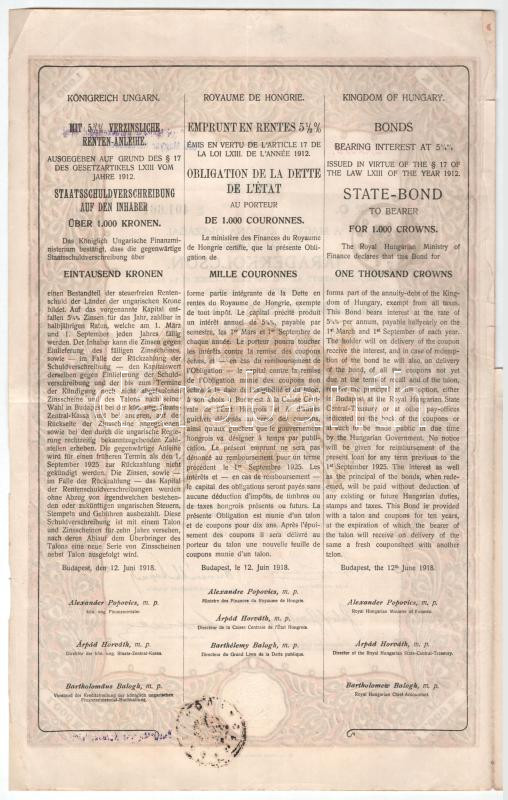 Budapest 1918. 'A Magyar Korona Országai 5 1/2%-kal kamatozó Járadékkölcsön' államadóssági kötvénye 1000K-ról szelvényekkel, bélyegzéssel, szárazpecséttel T:III beszakadás - Image 2