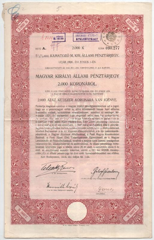 Budapest 1916. '5 1/2%-kal kamatozó Magyar Királyi Állami Pénztárjegy' 2000K-ról, vízjeles papíron, szelvényekkel, szárazpecséttel és bélyegzésekkel T:III beszakadás, firka