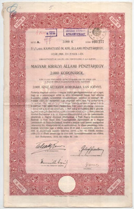 Budapest 1916. '5 1/2%-kal kamatozó Magyar Királyi Állami Pénztárjegy' 2000K-ról, vízjeles papíron, szelvényekkel, szárazpecséttel és bélyegzésekkel T:III beszakadás, firka