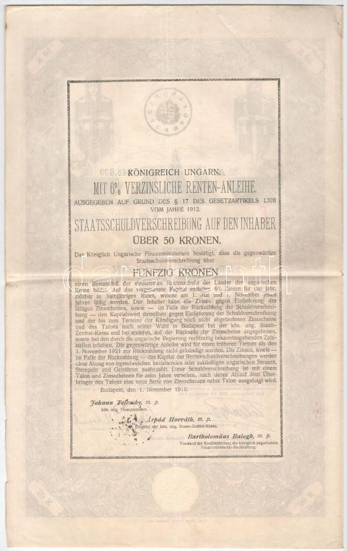 Budapest 1915-1917. '6%-kal kamatozó Magyar Királyi Állami Pénztárjegy' 50K-ról + 100K-ról + 1000K-ról, közte vízjeles papír, szárazpecséttel és bélyegzésekkel T:III beszakadás - Image 2