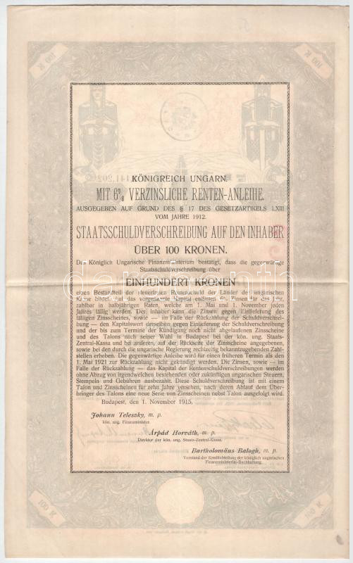 Budapest 1915-1917. '6%-kal kamatozó Magyar Királyi Állami Pénztárjegy' 50K-ról + 100K-ról + 1000K-ról, közte vízjeles papír, szárazpecséttel és bélyegzésekkel T:III beszakadás - Image 4