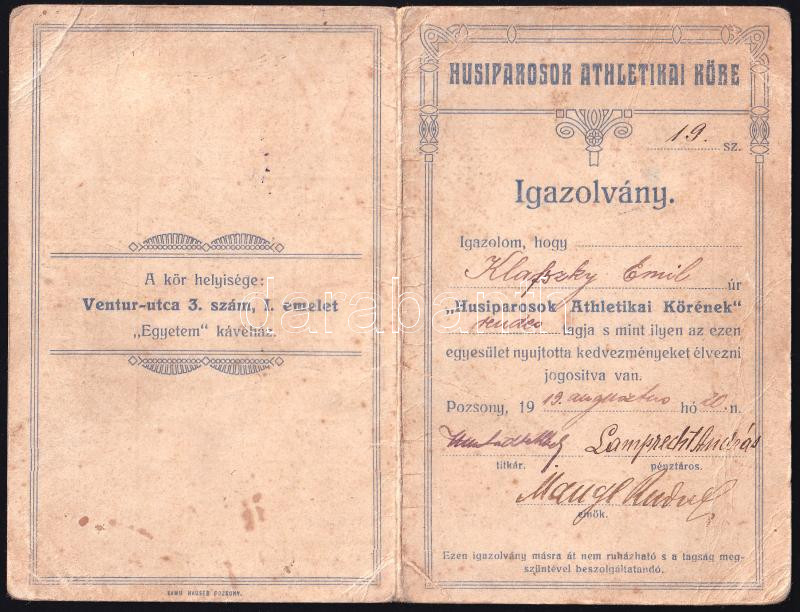 1919 Pozsony, Husiparosok Athletikai Köre tagsági igazolvány, kissé foltos, szecessziós ornamentikával díszített