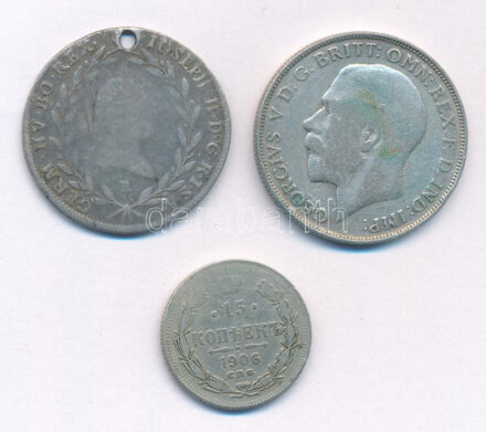 3db-os vegyes Ag érmetétel, közte Ausztria 1784. 20kr Ag 'II. József' + Nagy-Britannia 1922. 1Fl Ag 'V. György' + Orosz Birodalom 1906. 15k Ag T:3 patina, karc, az egyik átfúrva 3pcs of mixed Ag coin lot, in it Austria 1784. 20 Kreuzer Ag