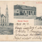 1908 Vinga, templom, Szentháromság szobor, Rothmüller Miklós üzlete / church, Trinity statue, shop (EK)